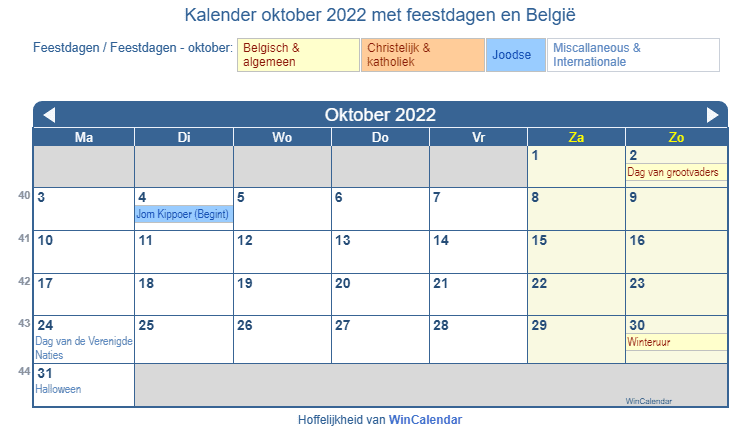 Kalender oktober 2022 met religieuze en overheid feestdagen (BEL)