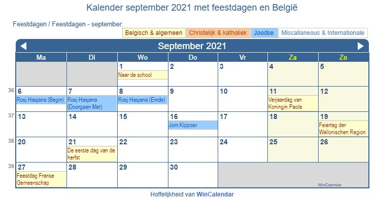Kalender september 2021 met religieuze en overheid feestdagen (BEL)