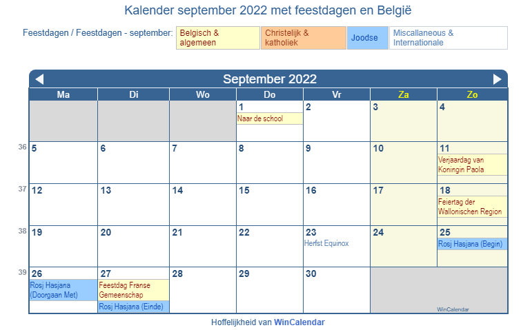 Kalender september 2022 met religieuze en overheid feestdagen (BEL)