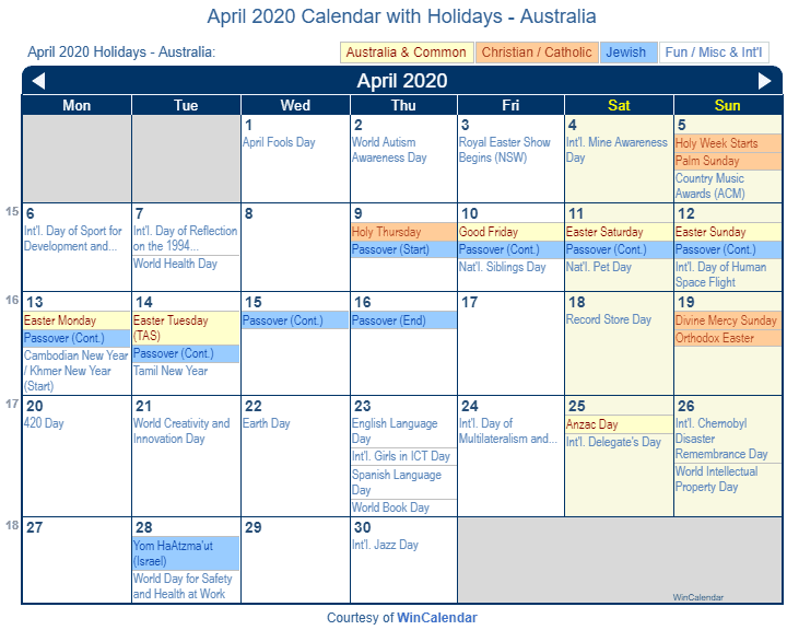 Print Friendly April 2020 Australia Calendar For Printing