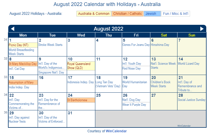 Print Friendly August 2022 Australia Calendar for printing