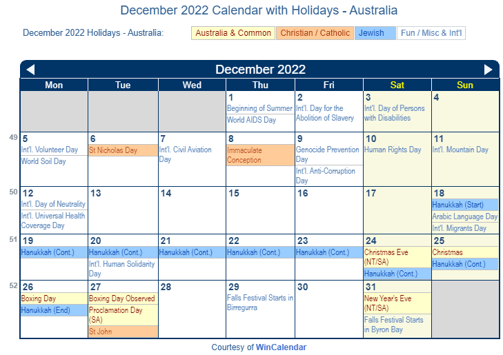 December 2022 Calendar with Australian Holidays to Print