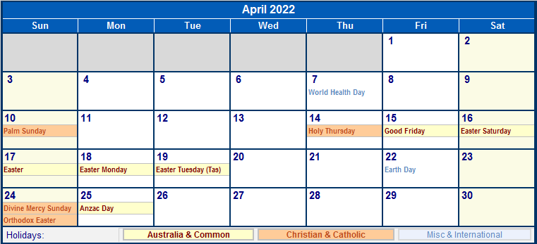 april 2022 australia calendar with holidays for printing