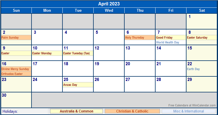 April 2023 Australia Calendar With Holidays For Printing image Format 