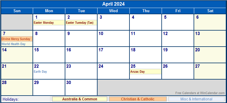 April 2024 Printable Calendar with Australia, Christian, & International Holidays