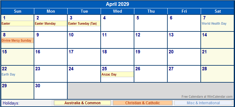 April 2029 Printable Calendar with Australia, Christian, & International Holidays
