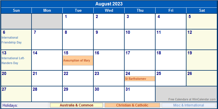 August 2023 Printable Calendar with Australia, Christian, & International Holidays