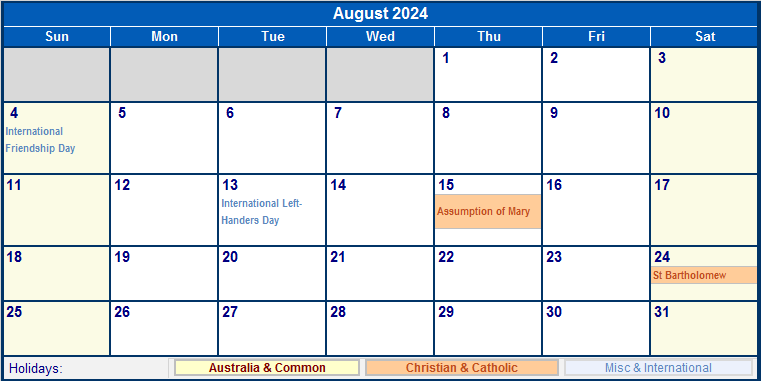 August 2024 Australia Calendar with Holidays for printing (image format)