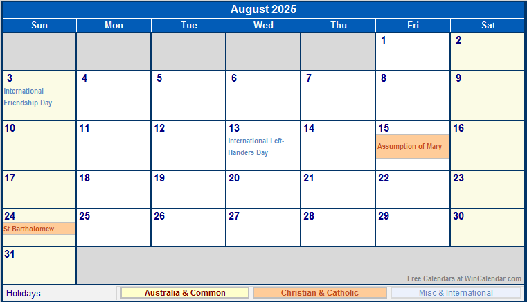 August 2025 Australia Calendar with Holidays for printing (image format)