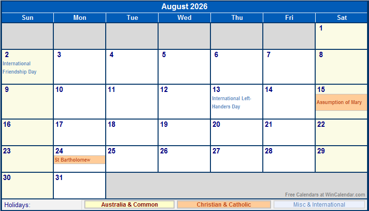 August 2026 Printable Calendar with Australia, Christian, & International Holidays