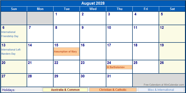 August 2028 Printable Calendar with Australia, Christian, & International Holidays