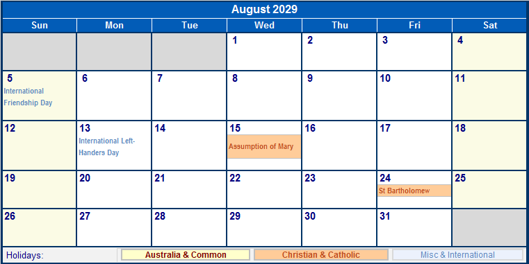 August 2029 Printable Calendar with Australia, Christian, & International Holidays