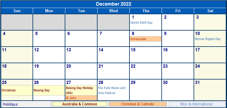 2018 December Calendar Australia