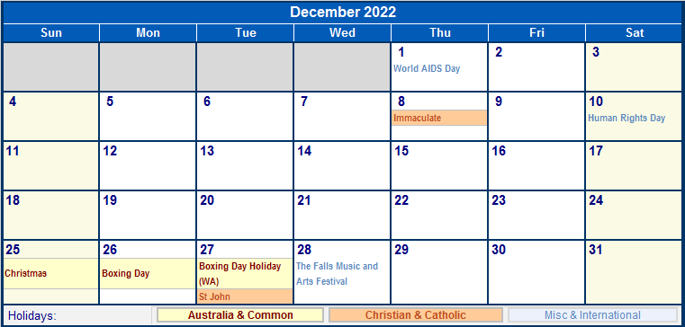 December 2022 Australia Calendar With Holidays For Printing image Format 