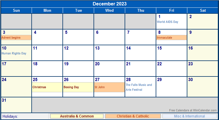 December 2023 Printable Calendar with Australia, Christian, & International Holidays