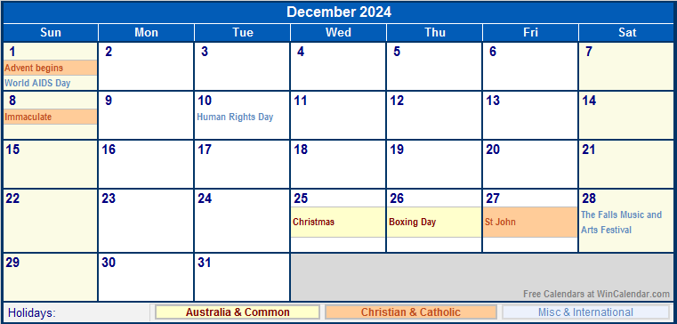 December 2024 Australia Calendar with Holidays for printing (image format)