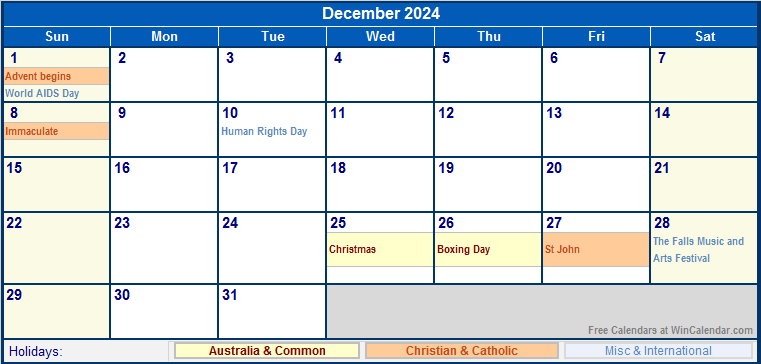 December 2024 Australia Calendar With Holidays For Printing image Format 