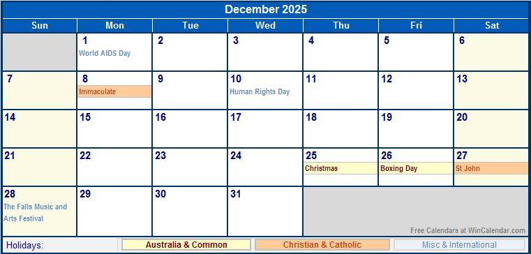 December 2025 Australia Calendar with Holidays for printing (image format)