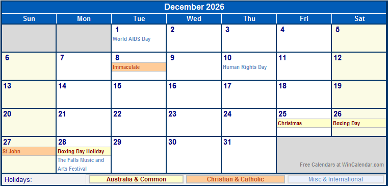 December 2026 Printable Calendar with Australia, Christian, & International Holidays