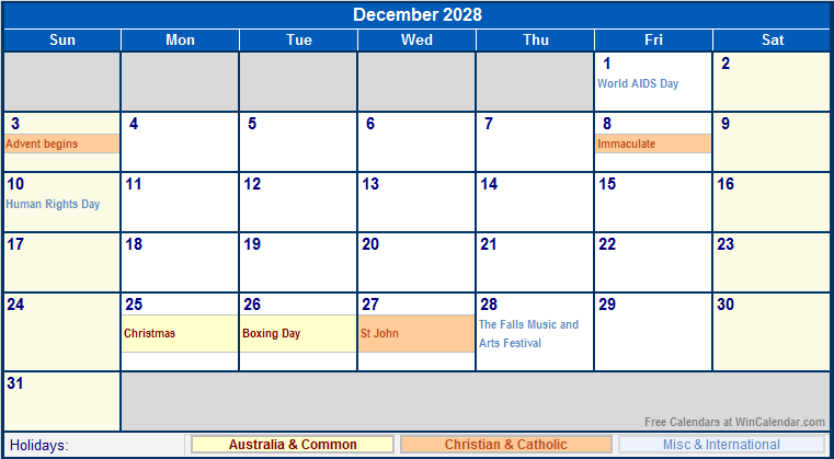 December 2028 Printable Calendar with Australia, Christian, & International Holidays