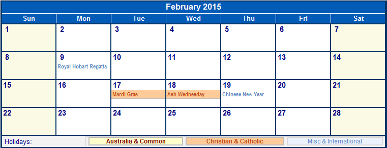 February 2015 Printable Calendar with Australia, Christian, & International Holidays
