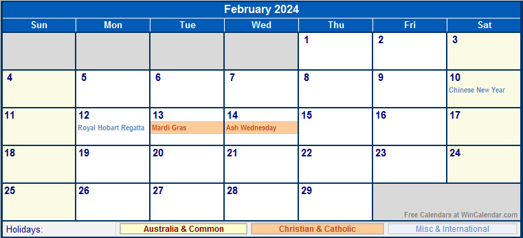 February 2024 Australia Calendar with Holidays for printing (image format)