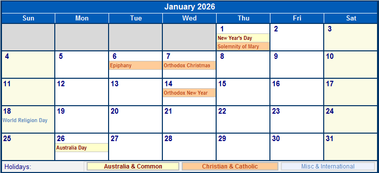 January 2026 Printable Calendar with Australia, Christian, & International Holidays