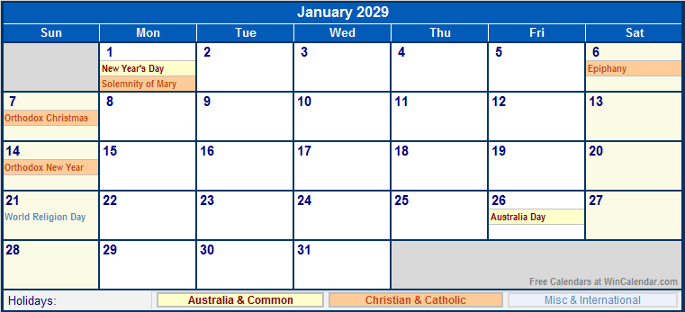 January 2029 Printable Calendar with Australia, Christian, & International Holidays