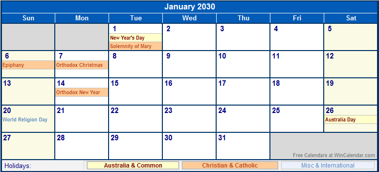 January 2030 Printable Calendar with Australia, Christian, & International Holidays