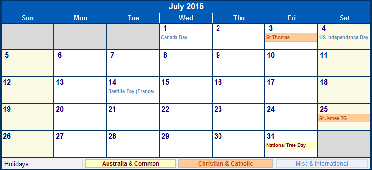 July 2015 Printable Calendar with Australia, Christian, & International Holidays