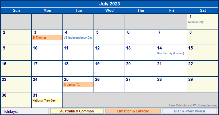 July 2023 Printable Calendar with Australia, Christian, & International Holidays
