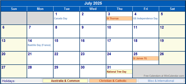 July 2025 Australia Calendar with Holidays for printing (image format)