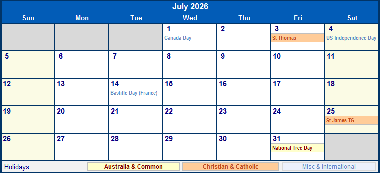 July 2026 Printable Calendar with Australia, Christian, & International Holidays