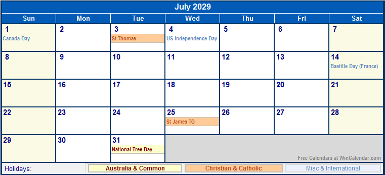 July 2029 Printable Calendar with Australia, Christian, & International Holidays