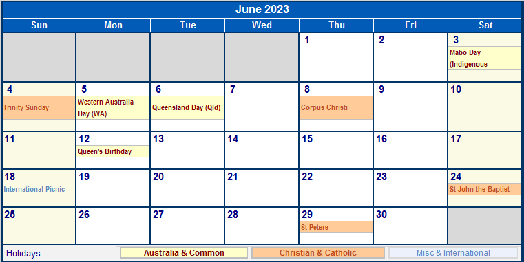 June 2023 Printable Calendar with Australia, Christian, & International Holidays