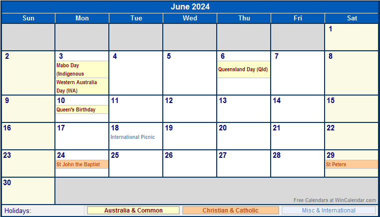 June 2024 Printable Calendar with Australia, Christian, & International Holidays