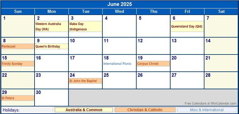 June 2025 Australia Calendar with Holidays for printing (image format)