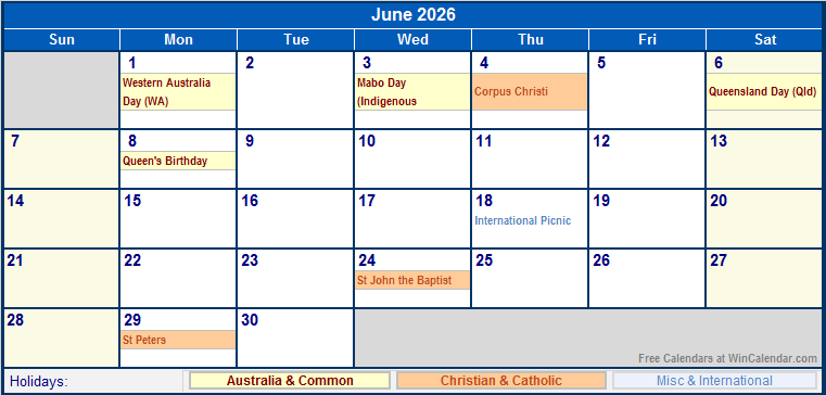 June 2026 Printable Calendar with Australia, Christian, & International Holidays