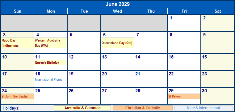 June 2029 Printable Calendar with Australia, Christian, & International Holidays