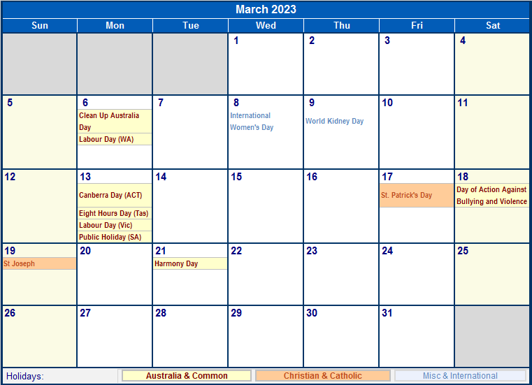 March 2023 Printable Calendar with Australia, Christian, & International Holidays