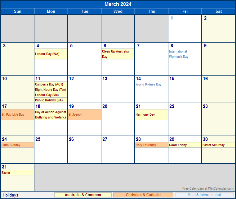 March 2024 Australia Calendar With Holidays For Printing image Format 