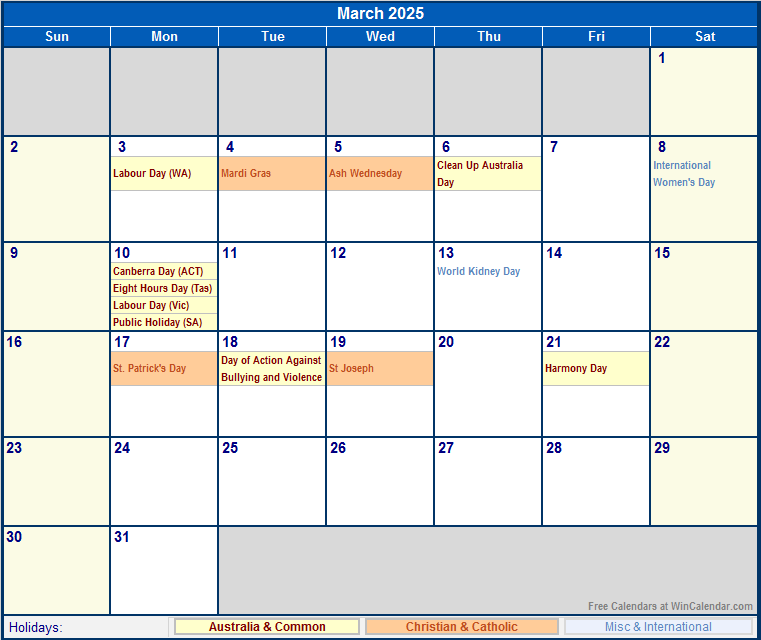 March 2025 Australia Calendar with Holidays for printing (image format)