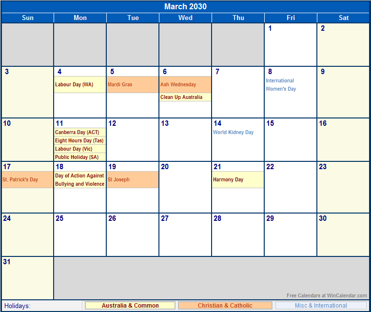 March 2030 Printable Calendar with Australia, Christian, & International Holidays