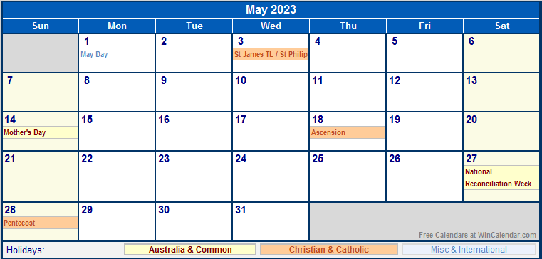May 2023 Printable Calendar with Australia, Christian, & International Holidays