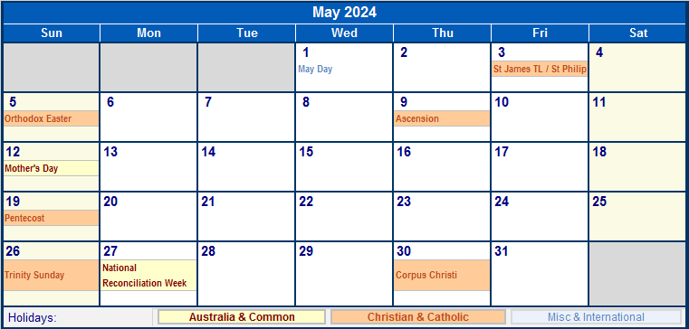 May 2024 Printable Calendar with Australia, Christian, & International Holidays
