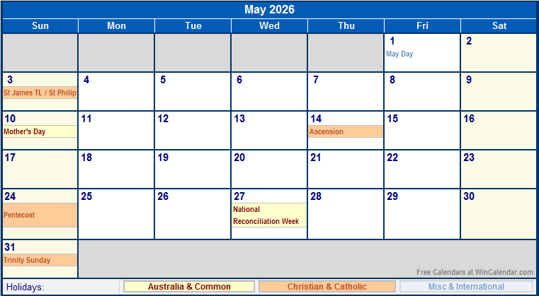 May 2026 Australia Calendar With Holidays For Printing image Format 