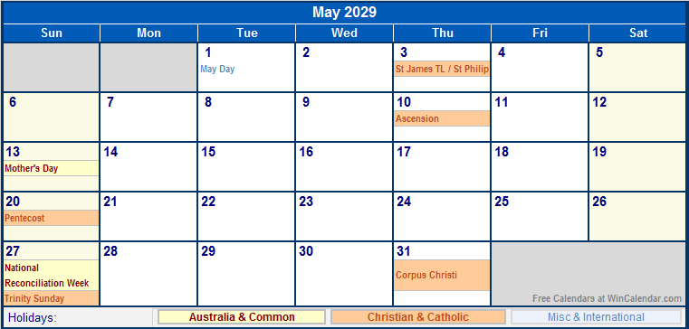 May 2029 Printable Calendar with Australia, Christian, & International Holidays