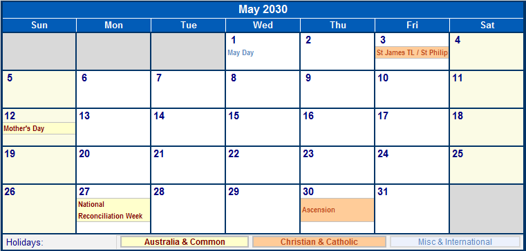 May 2030 Printable Calendar with Australia, Christian, & International Holidays