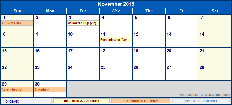 November 2015 Printable Calendar with Australia, Christian, & International Holidays