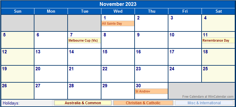 November 2023 Printable Calendar with Australia, Christian, & International Holidays
